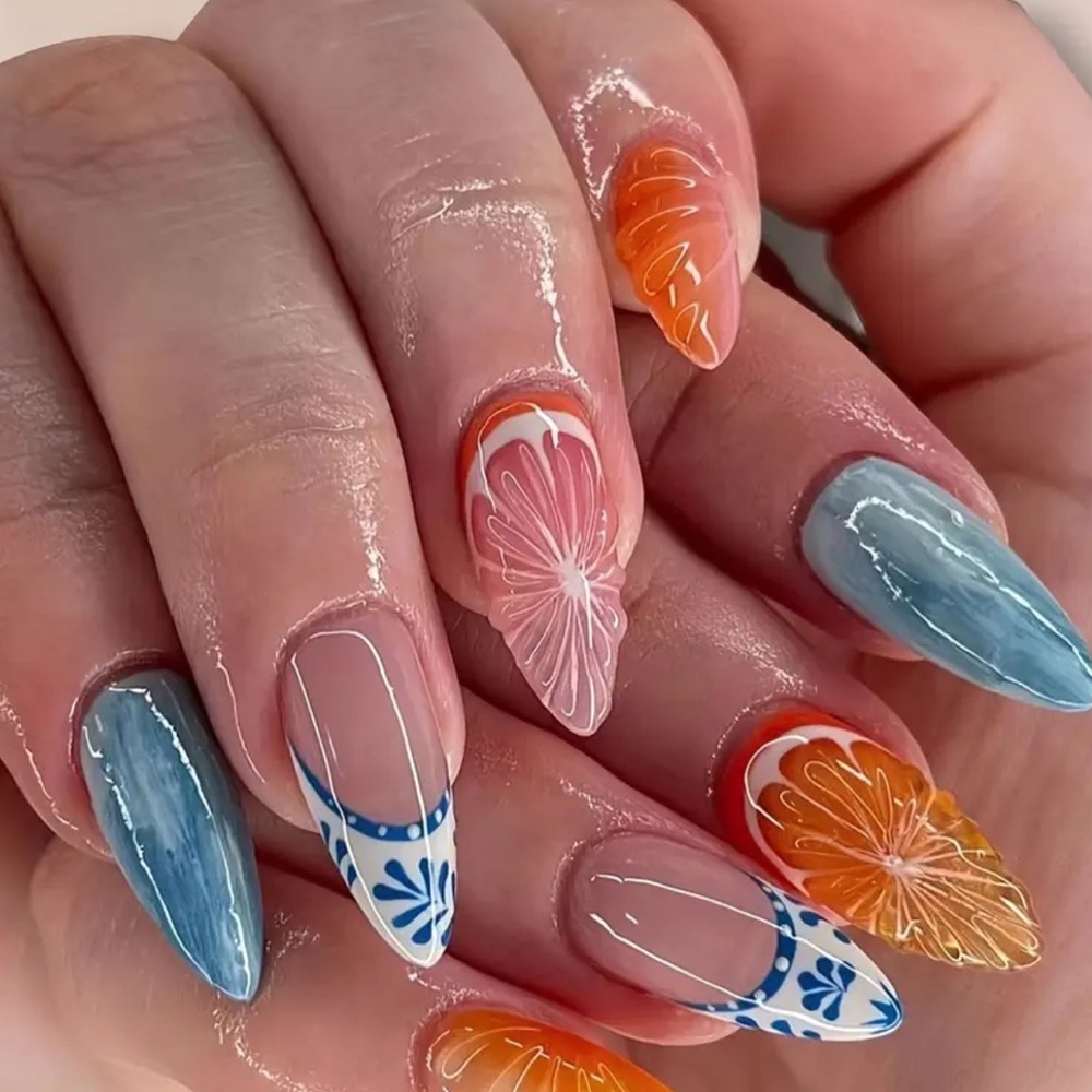 Orange Citrus & Blue 3-D press on Nail Art Reusable 24 pc Medium